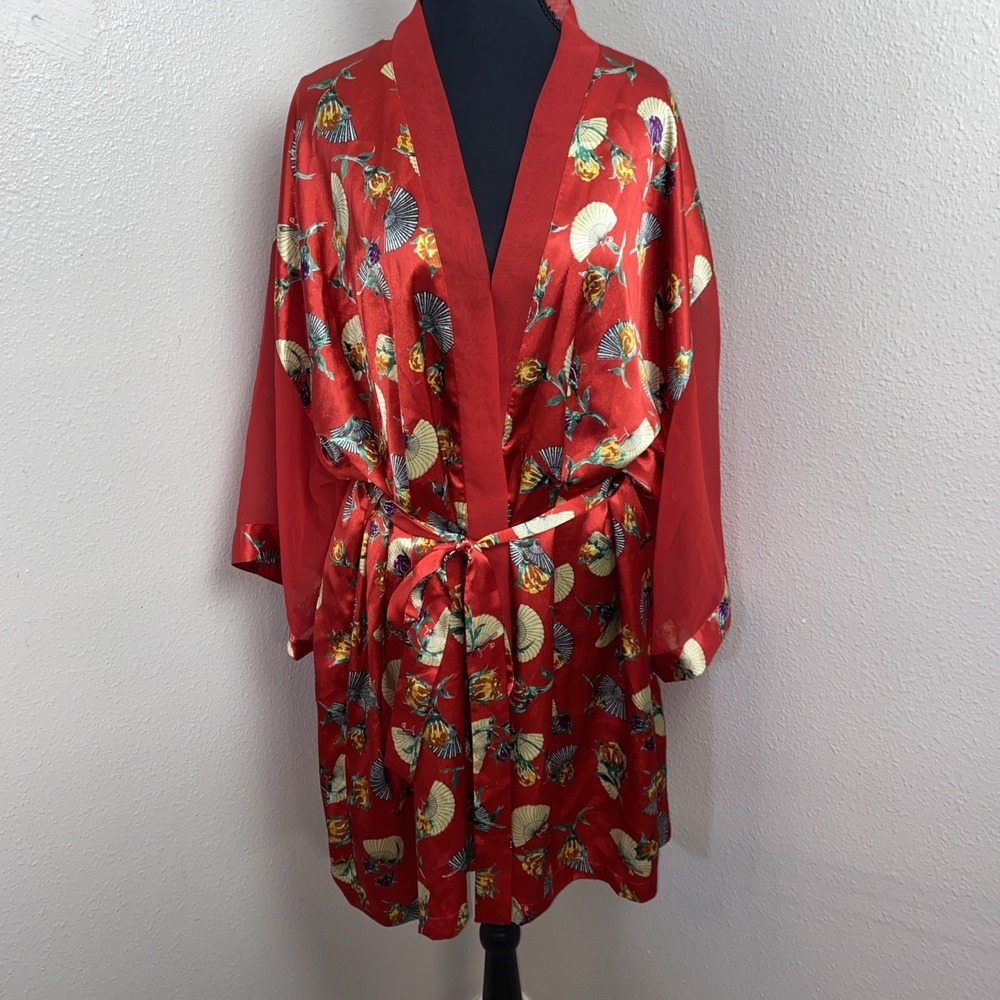 Vintage Delicates Robe Women's XL Red Floral Asian Fan Sensu Sheer Sleeve‎ Y2K